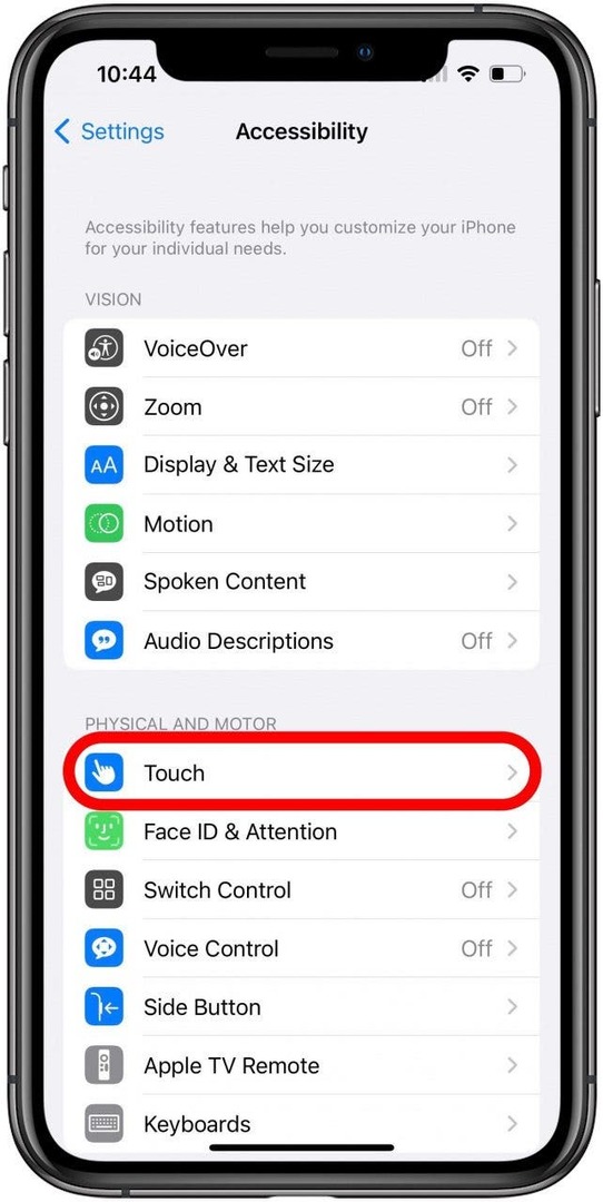 Impostazioni di accessibilità con l'opzione Touch contrassegnata
