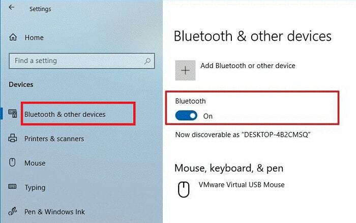 Section Bluetooth et autres appareils Bouton Bluetooth activé