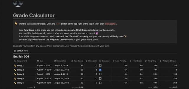 capture d'écran montrant un calculateur de notes dans notion