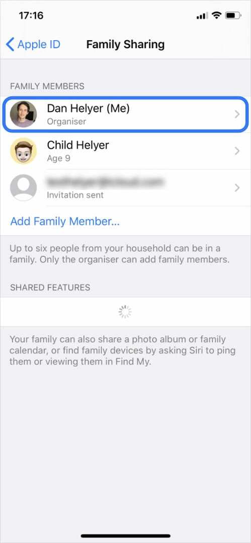 Impostazioni di condivisione familiare con l'organizzatore della famiglia evidenziato