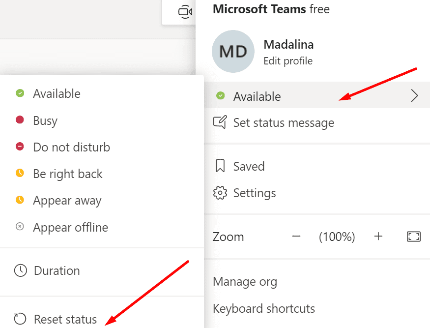 zresetuj status Microsoft Teams