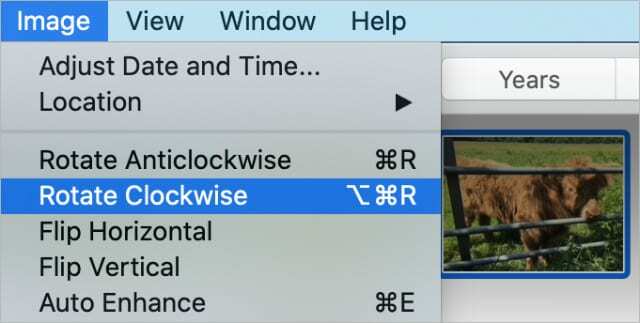 Option de rotation dans la barre de menus dans Photos sur Mac