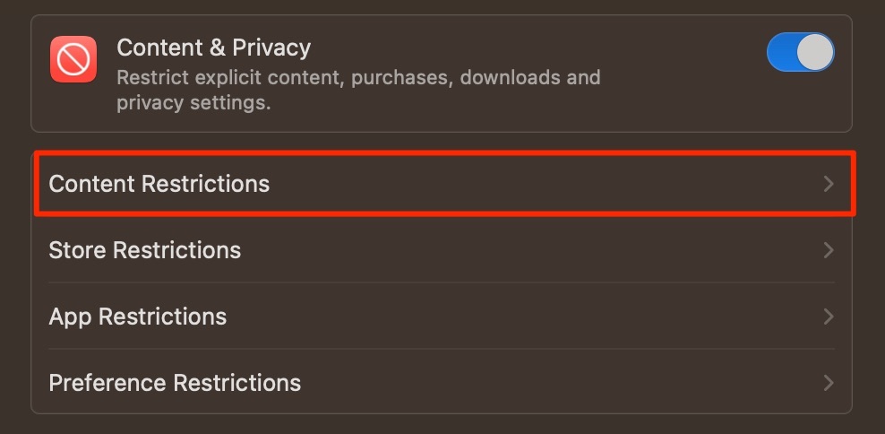 Екранна снимка на ограниченията на съдържанието на Mac