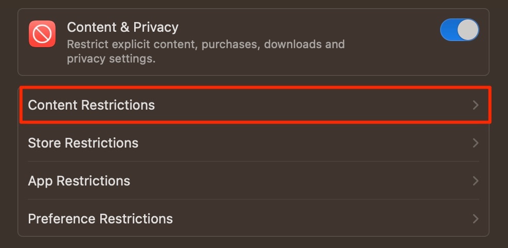 Captura de pantalla de restricciones de contenido de Mac