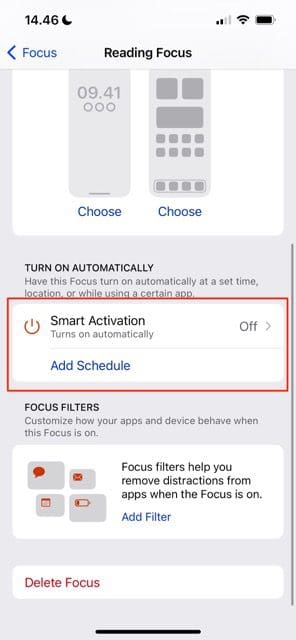 Screenshot che mostra la scheda Smart Activation su iOS