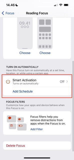 Captura de pantalla que muestra la pestaña Activación inteligente en iOS