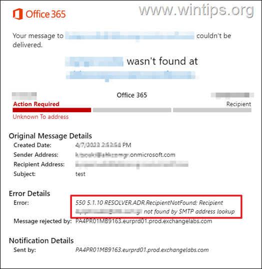 FIX: 550 5.1.10 RESOLVER.ADR.RecipientNotFound in Office 365