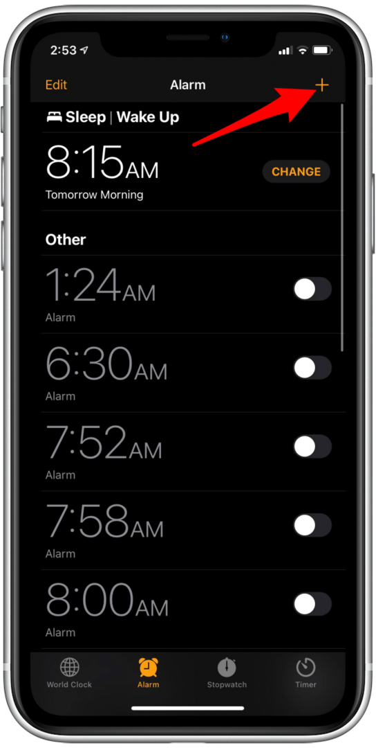 Tippen Sie auf das Plus-Symbol, um einen Wecker hinzuzufügen