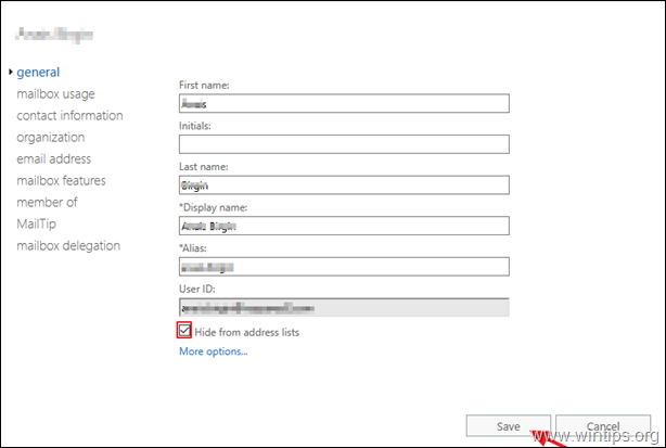 Exchange: Adres listelerinden gizle