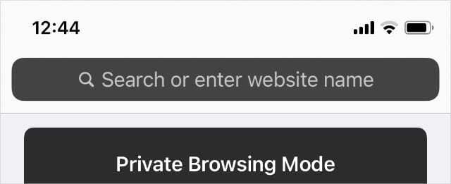 Modo de navegação privada com barra de pesquisa cinza escuro no Safari no iPhone