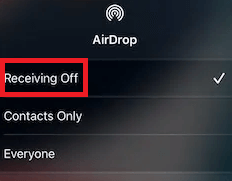 Επιλογές AirDrop και επιλέξτε την επιλογή με το όνομα Receiving Off