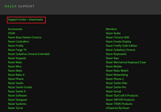 Pagina di supporto ufficiale di Razer