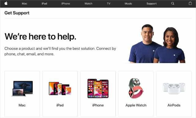 Página inicial do site de suporte da Apple