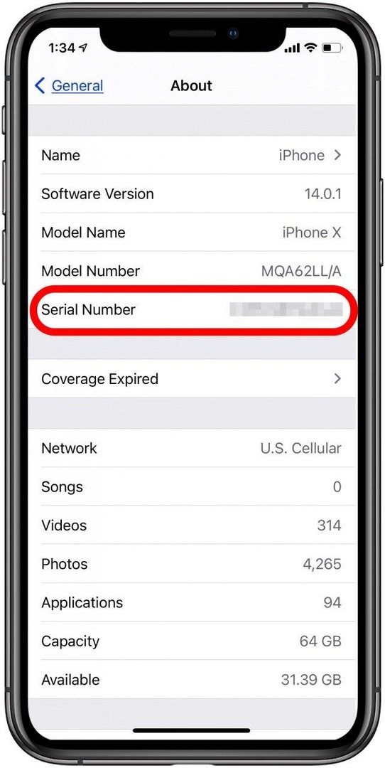 número de serie de iphone en la configuración de iphone