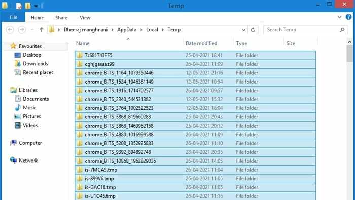 Izberite vse začasne datoteke