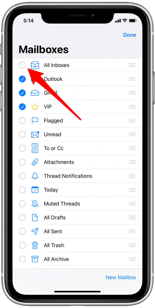 Tippen Sie auf den Kreis neben Alle Posteingänge, um ihn wieder zu Ihrer E-Mail hinzuzufügen