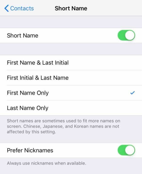 „iOS“ kontaktų programos trumpųjų vardų parinktys