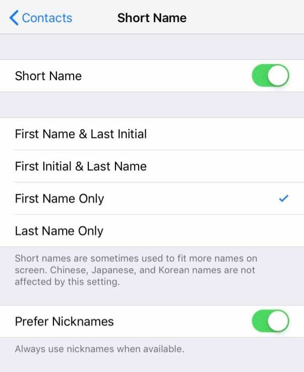 მოკლე სახელის ვარიანტები iOS კონტაქტების აპისთვის