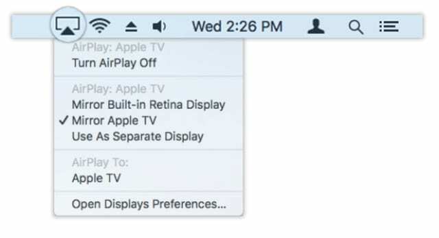 Možnosti AirPlay v liště nabídek Mac