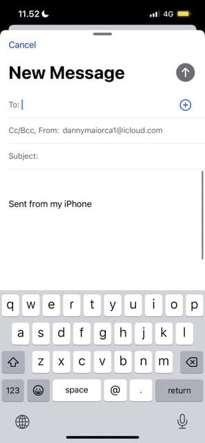 skärmdump som visar avsnittet Skriv meddelande på e-post för iOS