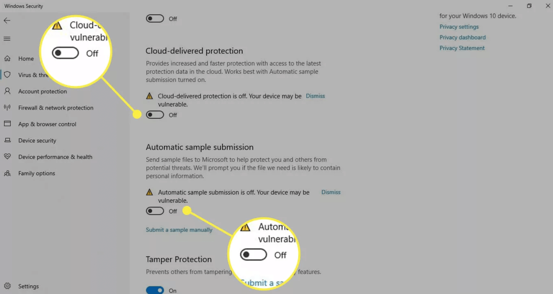 Escolha Envio automático de amostra e Alternância de proteção fornecida na nuvem