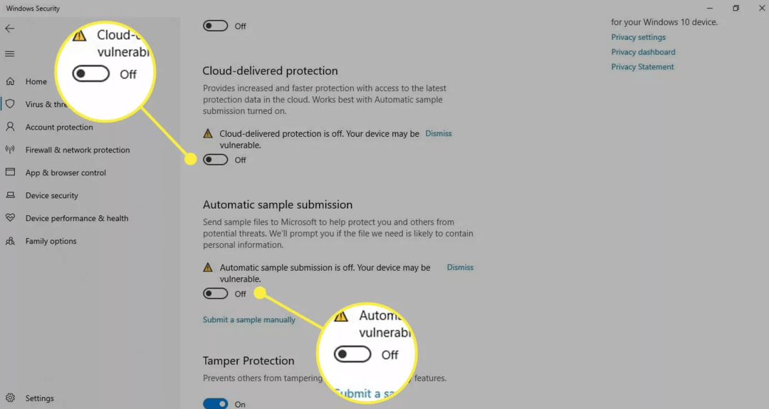 Pilih Pengiriman Sampel Otomatis dan Toggles Perlindungan yang Disampaikan Cloud