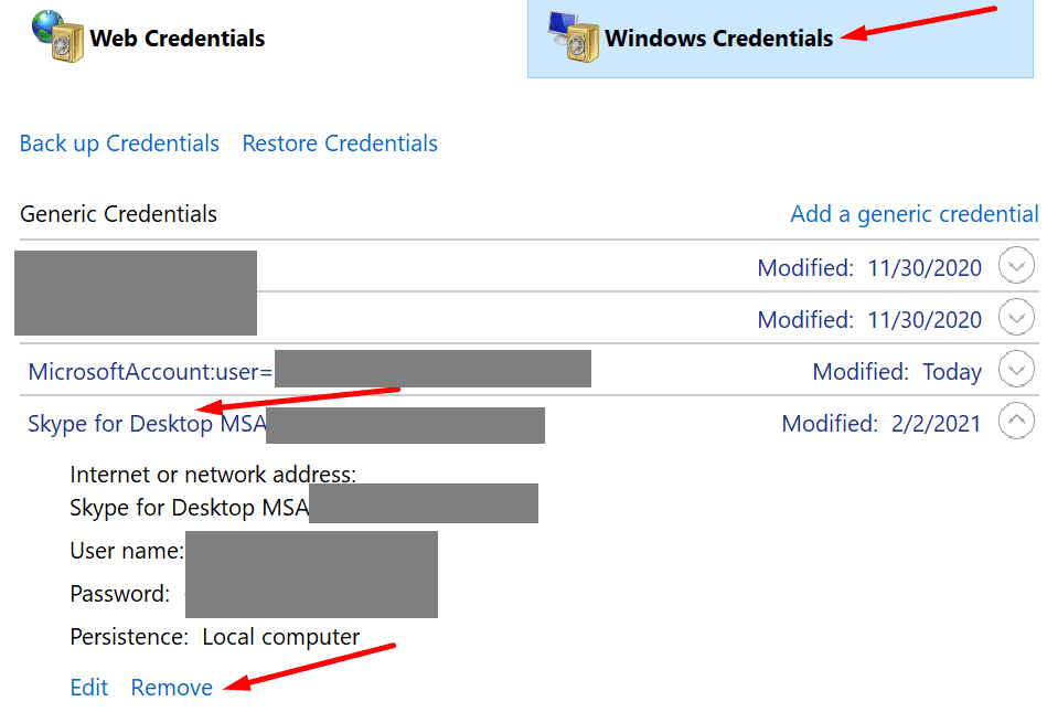 премахнете идентификационните данни за skype windows
