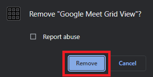 Google मीट ग्रिड व्यू को हटाने के लिए निकालें बटन पर क्लिक करें