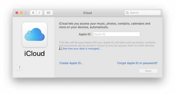 iCloud pieteikšanās lapas ekrānuzņēmums operētājsistēmā macOS