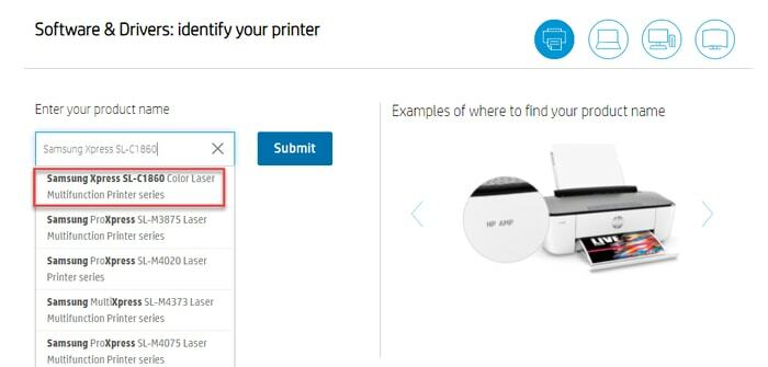 בחר דגם מדפסת של Samsung