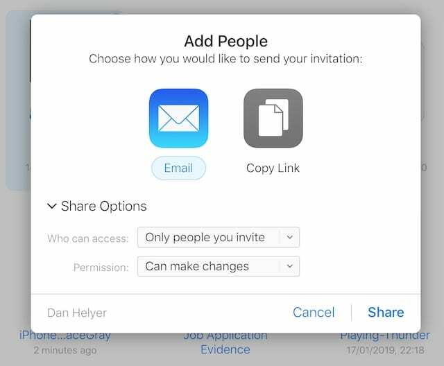 Options de partage dans iCloud Drive