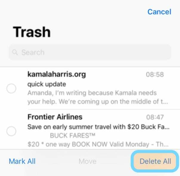 ištrinti visas šiukšles iš „iOS Mail App“ el. pašto paskyros