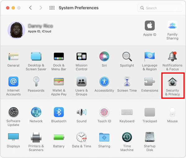 изберете Сигурност и поверителност от Системни предпочитания