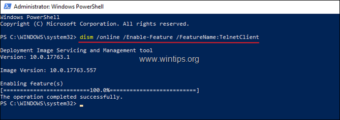 Įgalinti Telnet Client PowerShell Windows 10