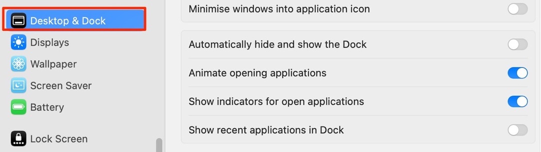 Captura de tela mostrando a posição da área de trabalho e do encaixe nas configurações do sistema macOS Ventura