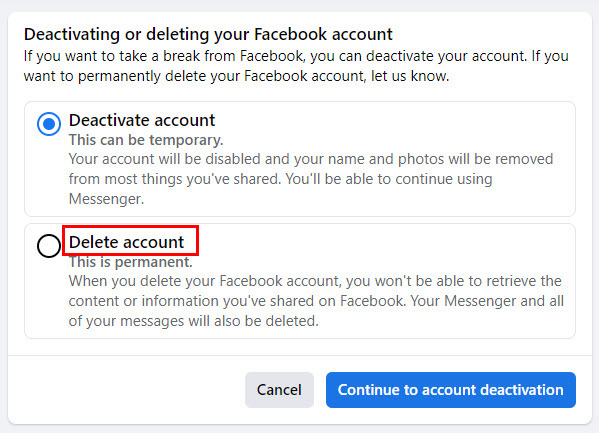 Tangkapan layar Facebook Nonaktifkan Vs. Menghapus
