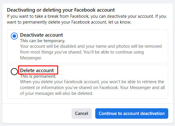 Ekrano kopija „Facebook Deactivate Vs. Ištrinti