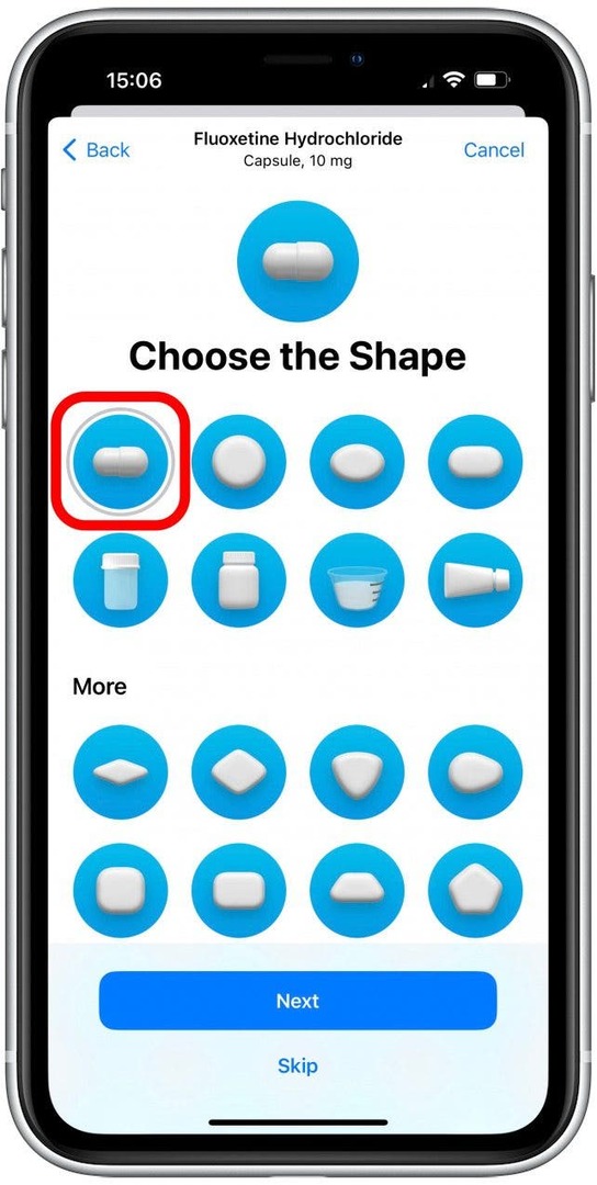 Valige oma ravimi kuju; see aitab teil õige pilli välja selgitada isegi siis, kui kasutate mitut retsepti segamini. Puudutage valikut Edasi.