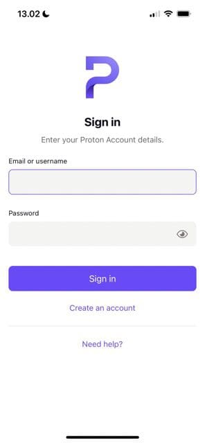 Екранна снимка, показваща страницата за влизане в ProtonMail