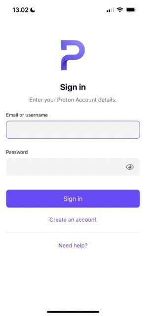 Cuplikan layar menunjukkan halaman masuk ProtonMail