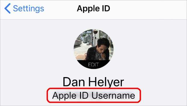 iPhone Apple ID सेटिंग्स Apple ID उपयोगकर्ता नाम को हाइलाइट करती हैं