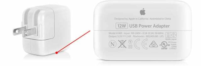 Apple 12W USB захранващ адаптер, показващ долния етикет