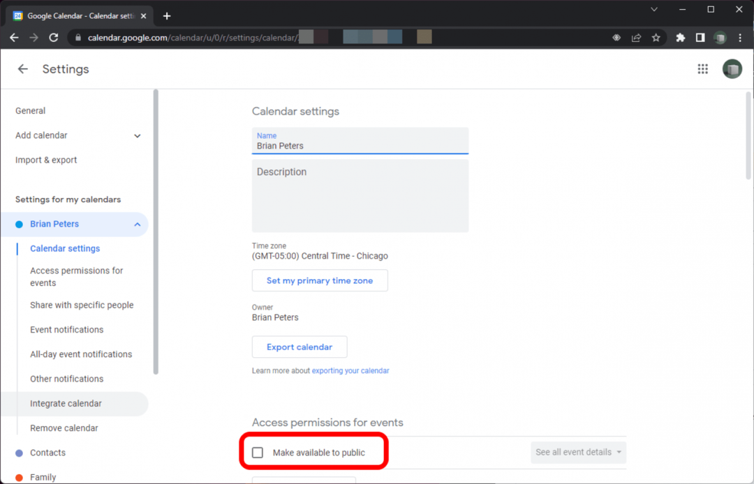 Google kalendar u Chromeu na zaslonu postavki za određeni kalendar s označenim potvrdnim okvirom " Učini dostupnim javnosti".