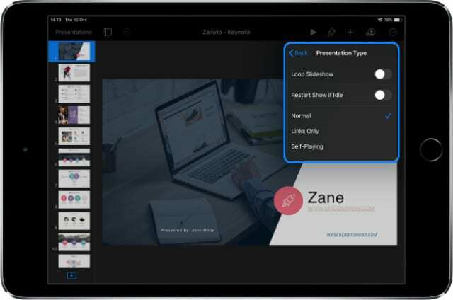 iPadOS의 Keynote 자동 재생 설정