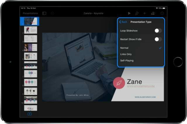 Keynote Self-Playing Settings på iPadOS