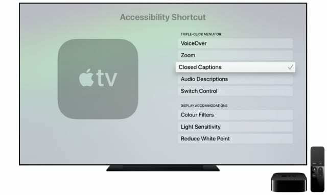 Apple TV kisegítő lehetőségek parancsikon beállításai