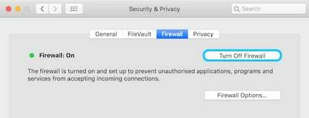 Cuplikan layar pengaturan System Preferences Firewall.