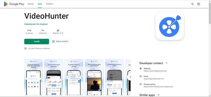 Įdiekite „VideoHunter“, skirtą „Android“, „Google Play“.