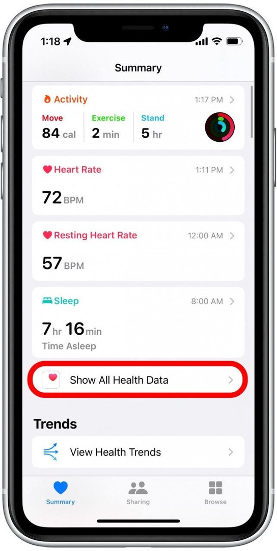 सारांश के अंतर्गत, सभी स्वास्थ्य डेटा दिखाएँ पर टैप करें।