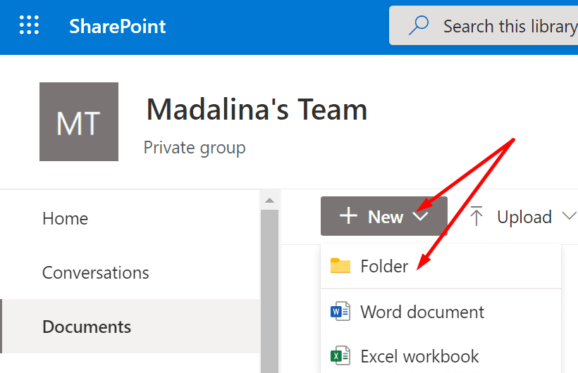 нова папка на sharepoint